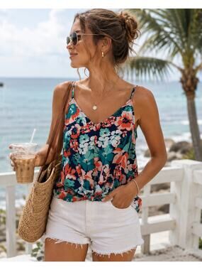 LUSH Floral Twist Front Cami Tank Top Women’s Medium Teal Coral Navy Boho Beach